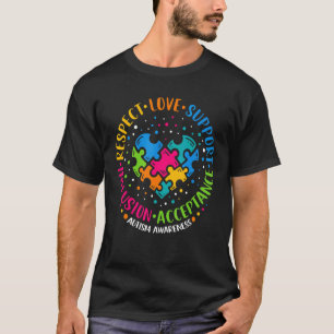 Camiseta Respeito Amor Apoio Inclusão Coração Puzzle Autism