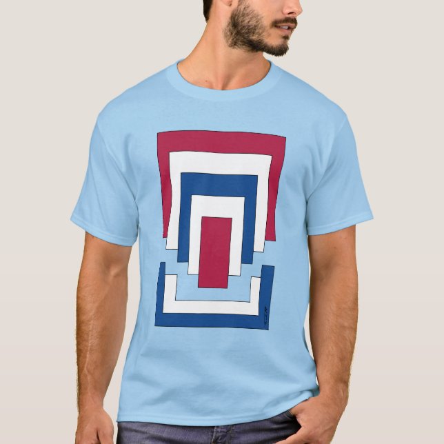 Camiseta Retângulo Abstrato em Vermelho, Branco e Azul  (Frente)