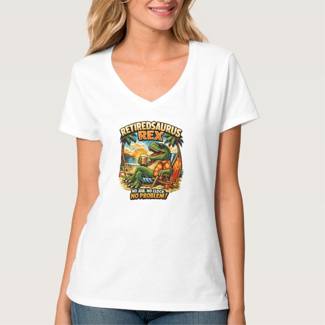 Camiseta Retiredsaurus Rex: Sem Emprego. Sem Relógio. Sem P (Frente)