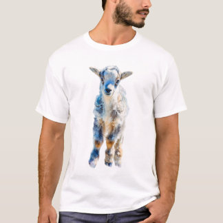 Camiseta Retrato Artístico de Cordeiro Azul Pastel e Dourad