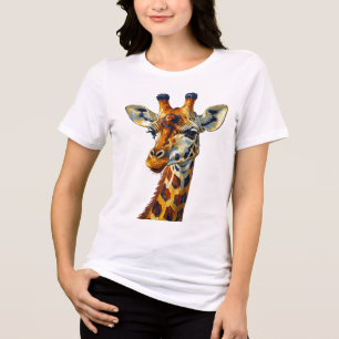 Camiseta Retrato Colorido de Girafa Pintura a Óleo Arte