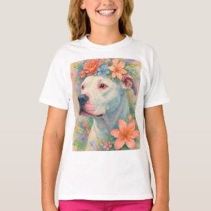 Camiseta Retrato Colorido de Pit Bull Floral com Impressão