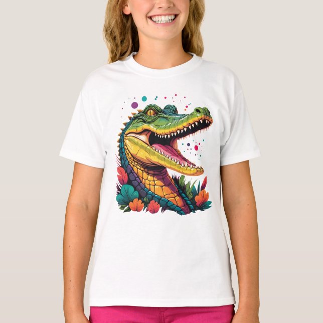 Camiseta Retrato Crocodilo Colorido (Frente)