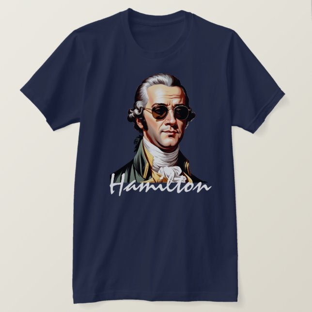 Camiseta Retrato de Alexander Hamilton em óculos escuros (Frente do Design)