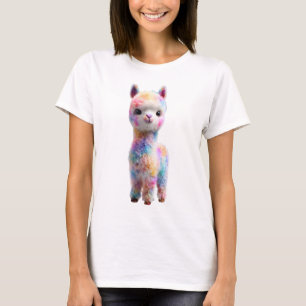 Camiseta Retrato de Alpaca Pastel Cor de Arco-íris Mulheres