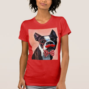 Camiseta Retrato de Boston Terrier com Arco Vermelho e 3