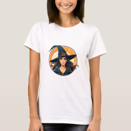 Camiseta Retrato de bruxa de halloween em desenho animado