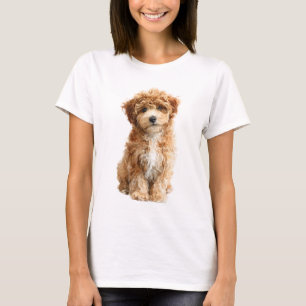 Camiseta Retrato de Cachorrinho Curly Red Cavapoo para Mulh