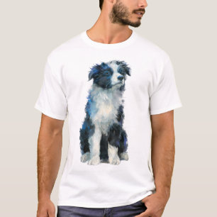 Camiseta Retrato de Cachorro Border Collie Azul Homens