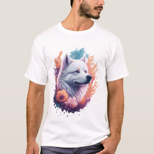 Camiseta Retrato de Cachorro - Samoyed Flores Splash