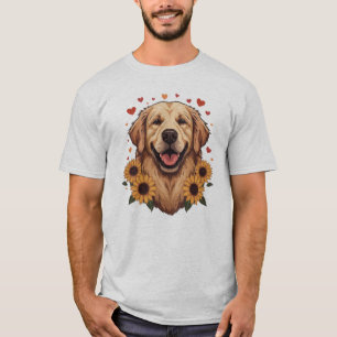 Camiseta Retrato de Cão Golden Retriever Floral Coração Cão