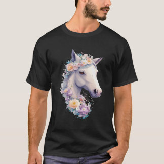Camiseta Retrato De Cavalo Branco Com Flores De Coroa Ri