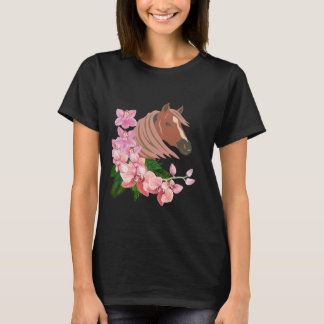 Camiseta Retrato de cavalos com floração de orquídeas