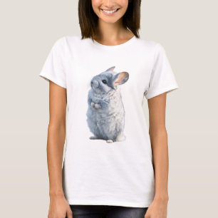 Camiseta Retrato de Chinchila em Pé Cinza Fofo Mulheres