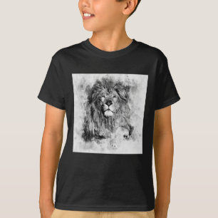 Camiseta Retrato de Cor da Água Preta e Branca de Leão Masc