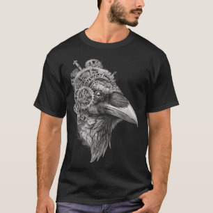 Camiseta Retrato de Corvo Mecânico — Steampunk em Caneta e