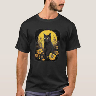Camiseta retrato de gato preto amarelo com flores silvestre