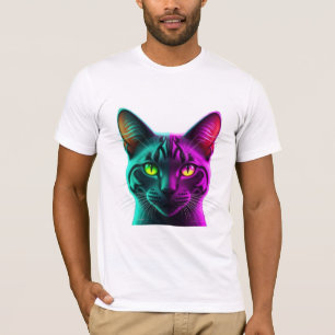 Camiseta Retrato de Gato Synthwave com Tom Dividido em Neon