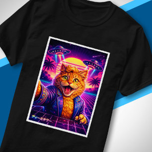 Camiseta Retrato de Gato UFO Synthwave 80s Futurista Retro