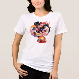 Camiseta Retrato de Geisha Templo Floral Japonês Arte do Pô