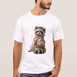 Camiseta Retrato de Guaxinim Adorável com Capuz Rosa