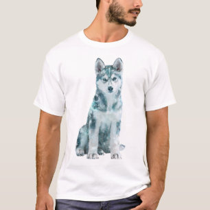 Camiseta Retrato de Husky Siberiano Azul Gelado para Homens