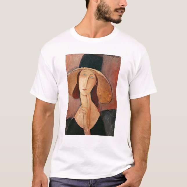 Camiseta Retrato de Jeanne Hebuterne em um chapéu grande (Frente)