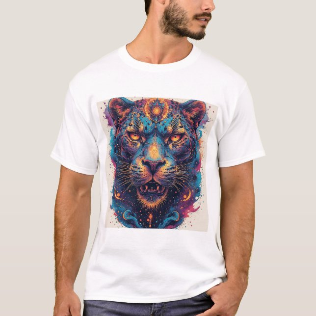 Camiseta Retrato de Leopardo Cósmico Com Efeito Místico (Frente)