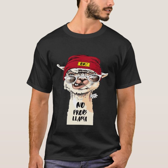 Camiseta Retrato de Lhama com Boné Hipster Óculos de Sol e  (Frente)