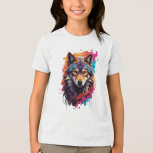 Camiseta Retrato de Lobo Colorido Arte Abstrata de Animal-8
