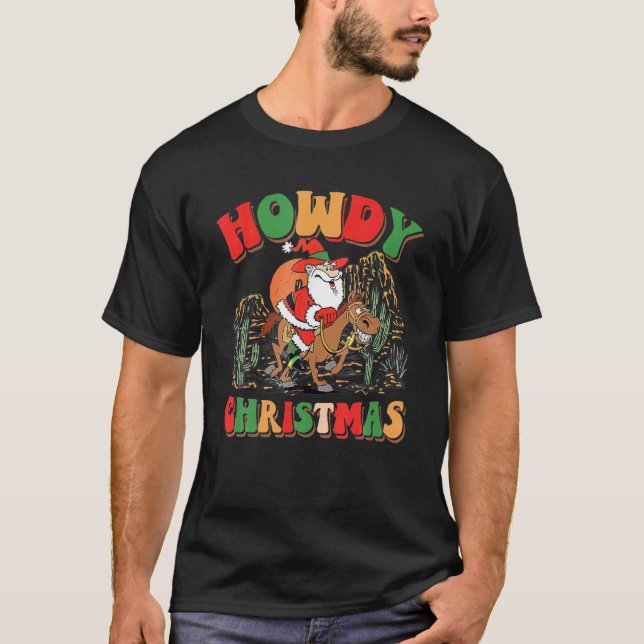 Camiseta Retrato de Natal Cowboy Papai Noel Natal Xmas Howd (Frente)