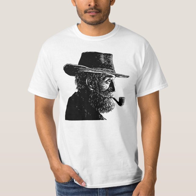 Camiseta Retrato de Ponto e Linha: Velho Sábio Fumando um P (Frente)