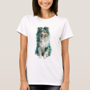 Camiseta Retrato de Sheltie Merle Azul Esmeralda Mulheres
