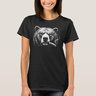 Camiseta Retrato de Urso com Charuto em Tinta Negra Grossa