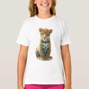 Camiseta Retrato Digital de Arte da Radiosa Criança Jaguar