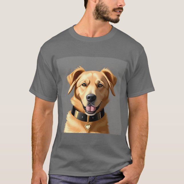 Camiseta Retrato do ouro Retriever Vestindo Colar Preta (Frente)