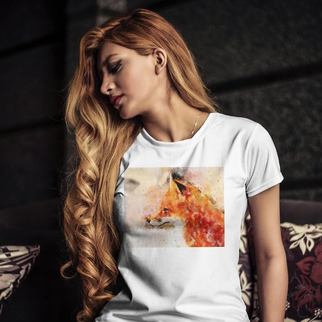 Camiseta Retrato em Aquarela da Raposa Vermelha 03 (Red Fox Watercolor Portrait 03. Women Basic White T-Shirt)