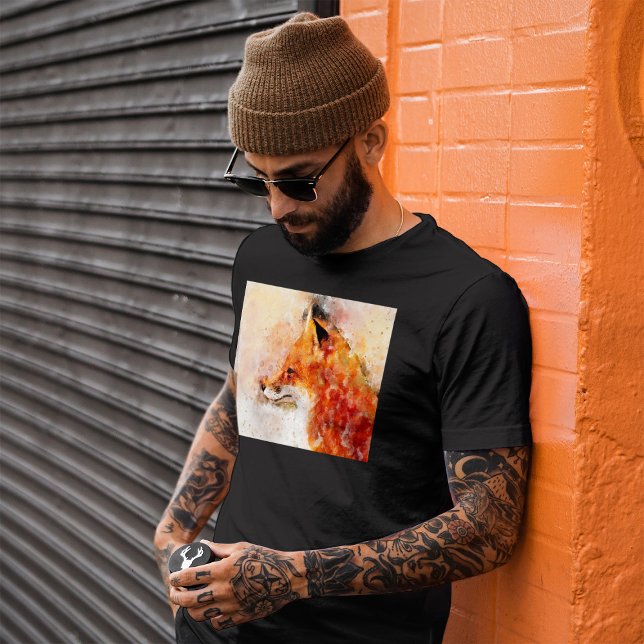 Camiseta Retrato em Aquarela da Raposa Vermelha 03 (Red Fox Watercolor Portrait 03. Men Basic Black T-Shirt)