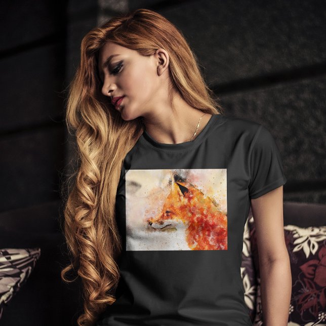 Camiseta Retrato em Aquarela da Raposa Vermelha 03 (Red Fox Watercolor Portrait 03. Women Basic Black T-Shirt)