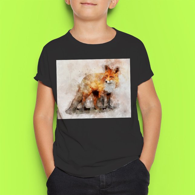Camiseta Retrato em Aquarela da Raposa Vermelha 04 (Red Fox Watercolor Portrait 04. Boy Basic Black T-Shirt)