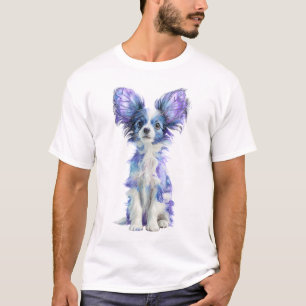Camiseta Retrato em Aquarela de Cachorro Papillon Azul Vibr