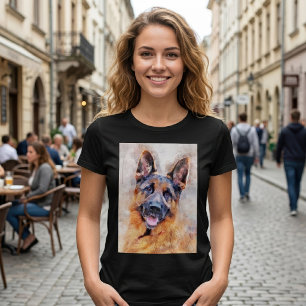 Camiseta Retrato em Aquarela de Cão Pastor Alemão