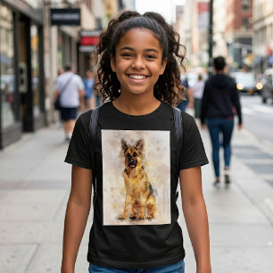 Camiseta Retrato em Aquarela do Cão Pastor Alemão 03