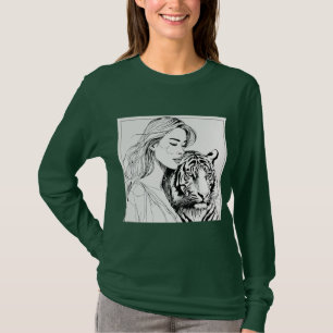Camiseta Retrato em Arte de Linha Negra de Mulher Loira com