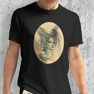 Camiseta Retrato feminino Caveira de pássaro Asas Fantasia