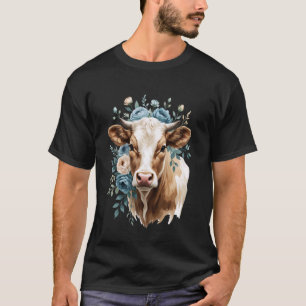 Camiseta Retrato Floral de Animal Vaca Ilustração Botânica