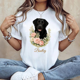 Camiseta Retrato Floral de Labrador Preto