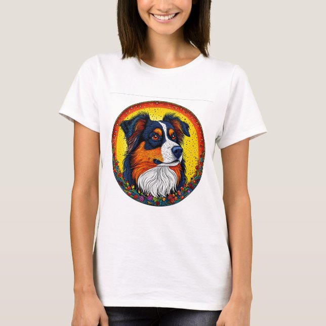 Camiseta Retrato Ilustrado Vibrante de Cão (Frente)