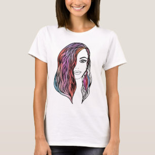 Camiseta Retrato Intricado de Menina em Arte Linear - Femin