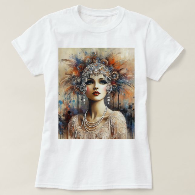 Camiseta Retrato n.º 100 da Garota Flapper 1920 Glamorosa (Frente do Design)